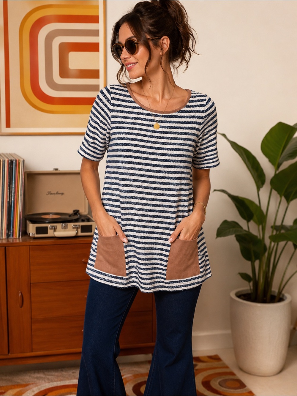 ANTHROPOLOGIE RETRO STRIPED TEXTURED STRIPED TUNIC TOP POCKETS SIZE XS NWT